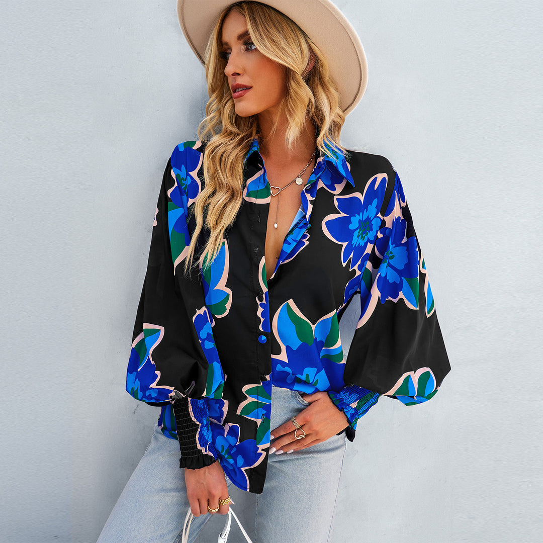 Damen nan lockere Hemdbluse mit floralem Alloverprint, Seidenoptik, smockärmeln und geknöpfter Vorderleiste EB