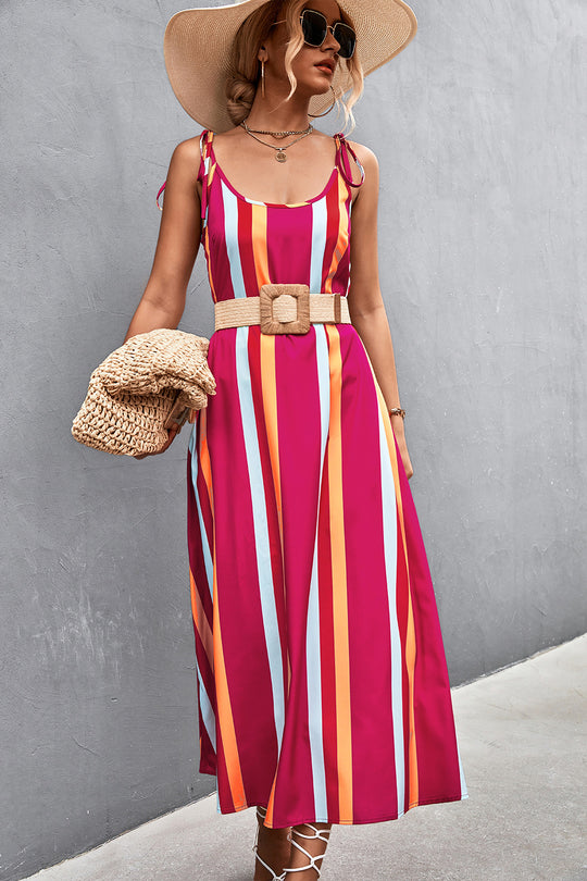 Damen Maxikleid mit modischen Streifen und taillierendem Gürtel EB