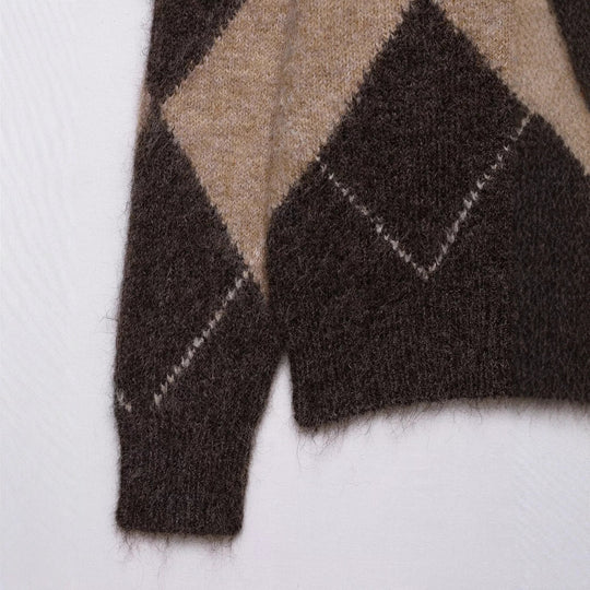Damen lässiger Strickpullover mit modernem Rauten-Muster EB
