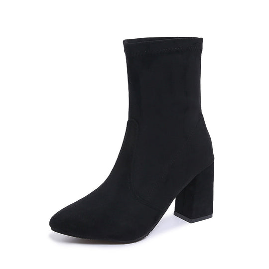 Damen nan knöchelhohe Stretch-Stiefelette mit spitzer Vorderkappe und komfortablem Blockabsatz EB