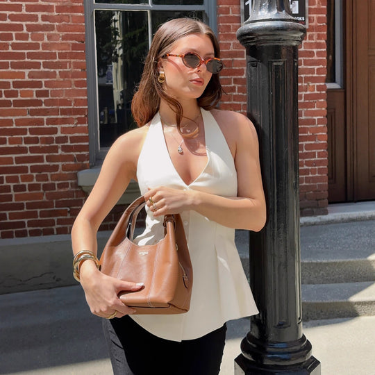 Damen Halterneck-Bluse mit taillierter Passform und Knopfleiste EB