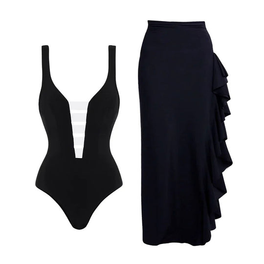 Damen eleganter Einteiler mit raffiniertem Transparentstreifen und voluminösem Maxi-Rock EB