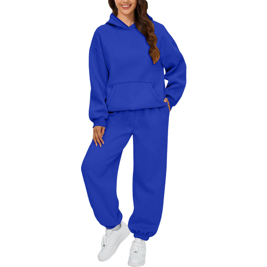 Damen nan gemütliches French-Terry Loungewear-Set mit doppellagiger Kapuze, Kängurutasche und elastischem Knöchel-Jogger EB