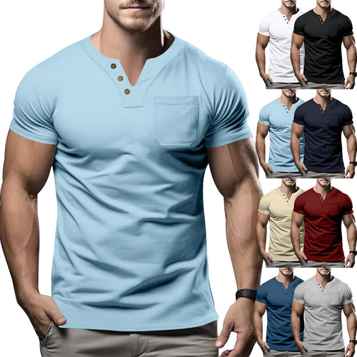 Herren nan tailliertes Kurzarm-Henleyshirt mit Brusttasche und asymmetrischer Knopfleiste EB