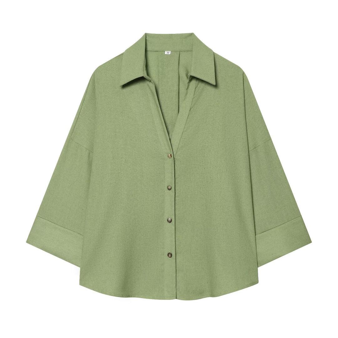 Damen nan lockere oversized Hemdbluse mit weitem Kragen und Dreiviertelärmeln EB