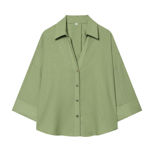 Damen nan lockere oversized Hemdbluse mit weitem Kragen und Dreiviertelärmeln EB