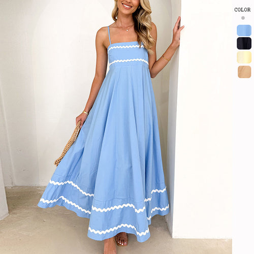 Damen luftiges Langkleid mit zarten Rüschendetails und verstellbaren Spaghettiträgern EB