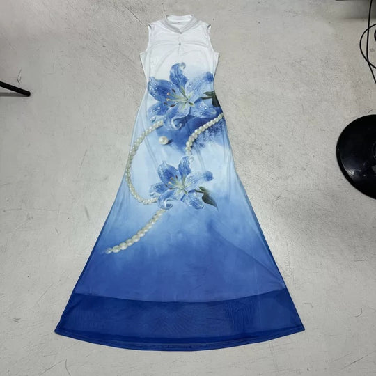 Damen Maxikleid mit floralem Druck und Perlenverzierungen EB