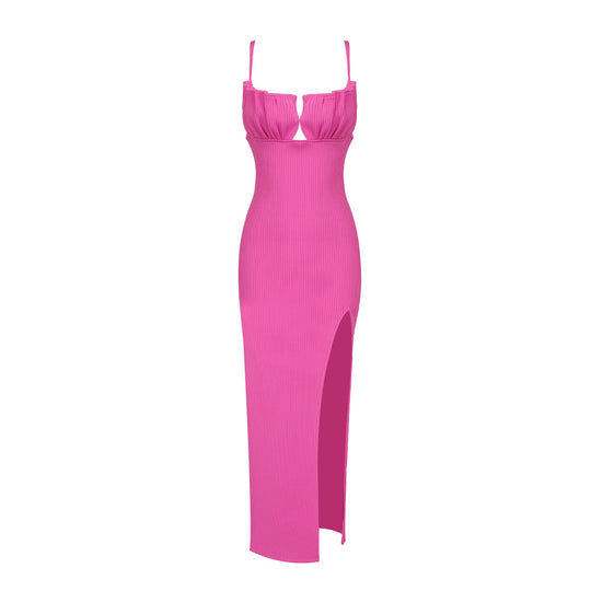Damen figurbetontes Maxi-Kleid mit raffiniertem Schlitz und gepolsterten Trägern EB
