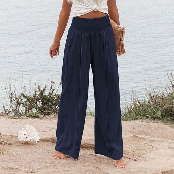 Damen weite und elegante Palazzo-Hose mit hohem Bund und Faltenwurf EB