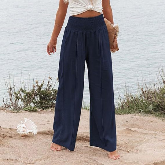 Damen weite und elegante Palazzo-Hose mit hohem Bund und Faltenwurf EB