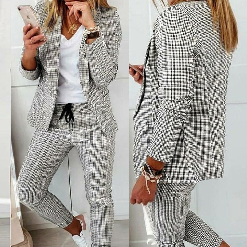 Damen nan Smart-Casual Blazer-Set mit offenem Longblazer und tapered Jogpant mit Kordelzug EB