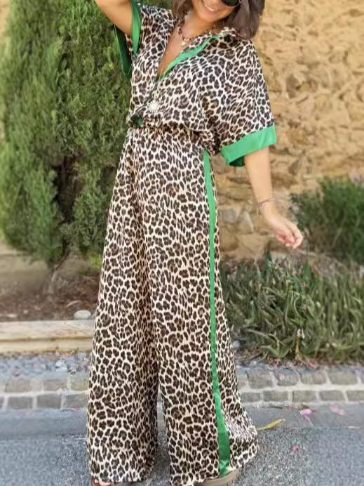 Damen eleganter Leoprint-Jumpsuit mit weiten Beinen und lockerer Passform EB