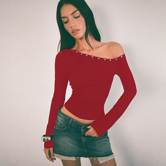 Damen Off-Shoulder Oberteil mit modischen Knöpfen und figurbetontem Schnitt EB