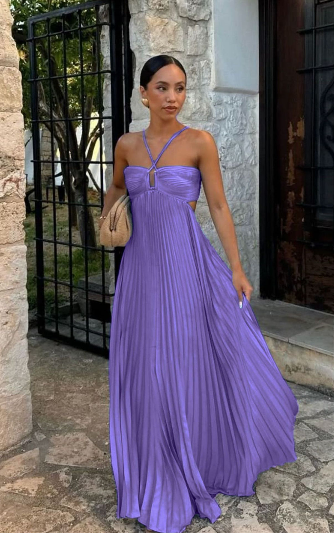Damen Plisseekleid mit schulterfreiem Design und raffinierten Trägerdetails EB