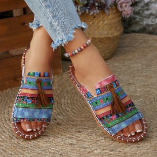 Damen bequeme Tangle-Sandalen mit buntem Stickdesign und Quasten EB