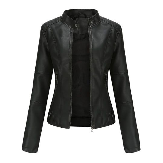 Damen nan taillierte Kunstleder Bikerjacke mit Stehkragen EB