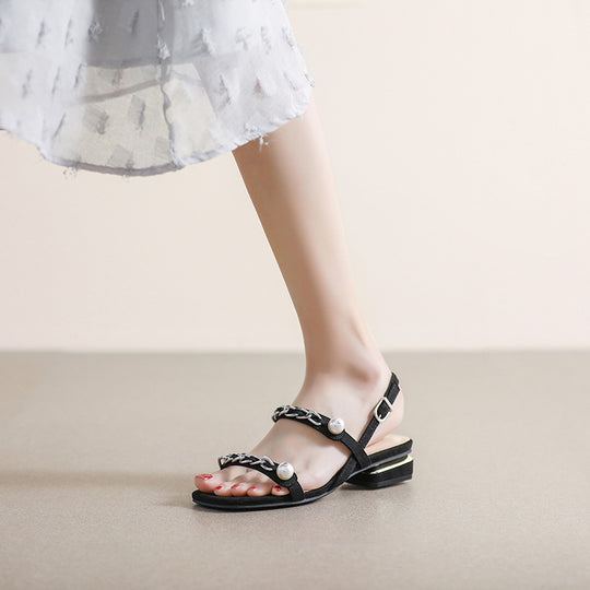 Damen Sandalen mit eleganter Ketten- und Perlenapplikation EB