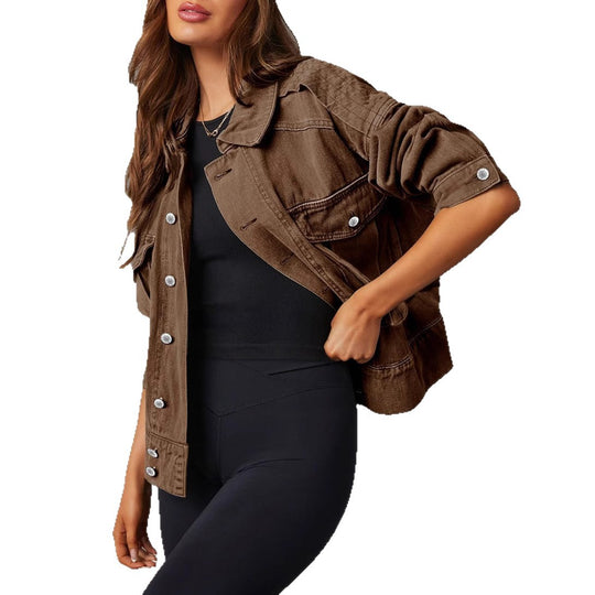 Damen nan kurze oversized Jeansjacke mit aufgesetzten Brusttaschen und krempelbaren Ärmeln EB