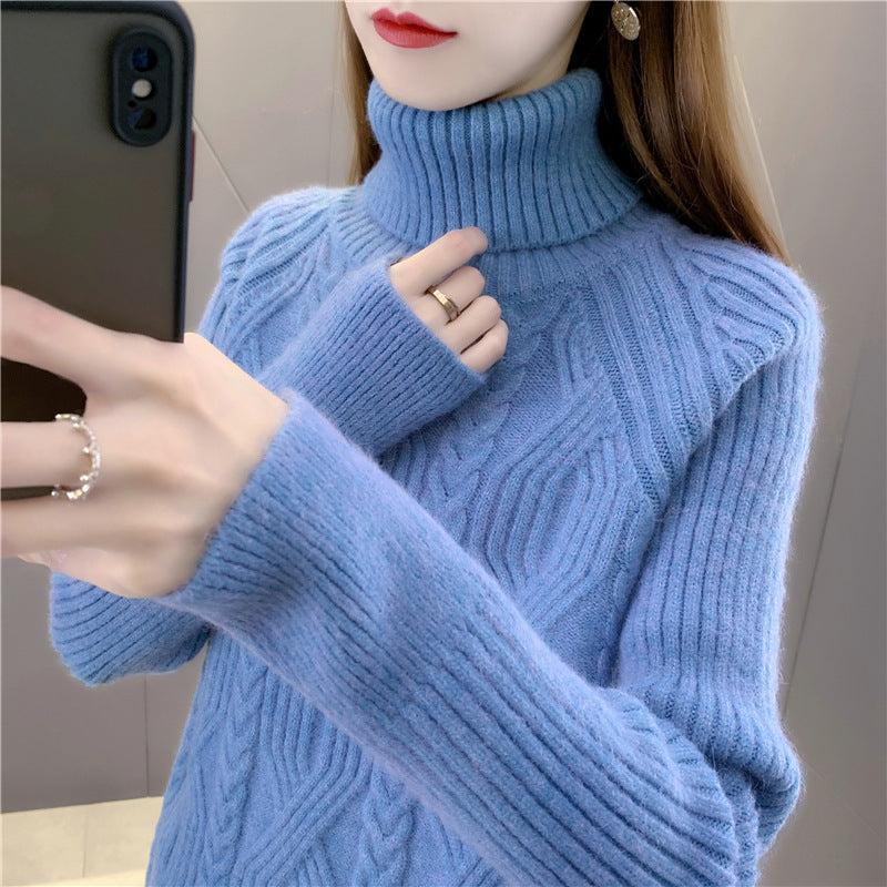 Damen Strickpullover mit hohem Kragen und feinem Zopfmuster EB