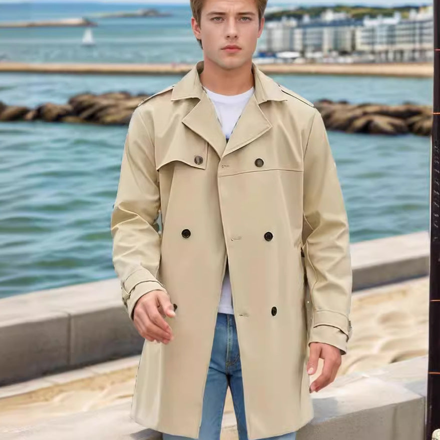 Herren nan urbaner Regenmantel im Trench-Stil mit doppellagiger Sturmklappe und verstellbaren Manschetten EB