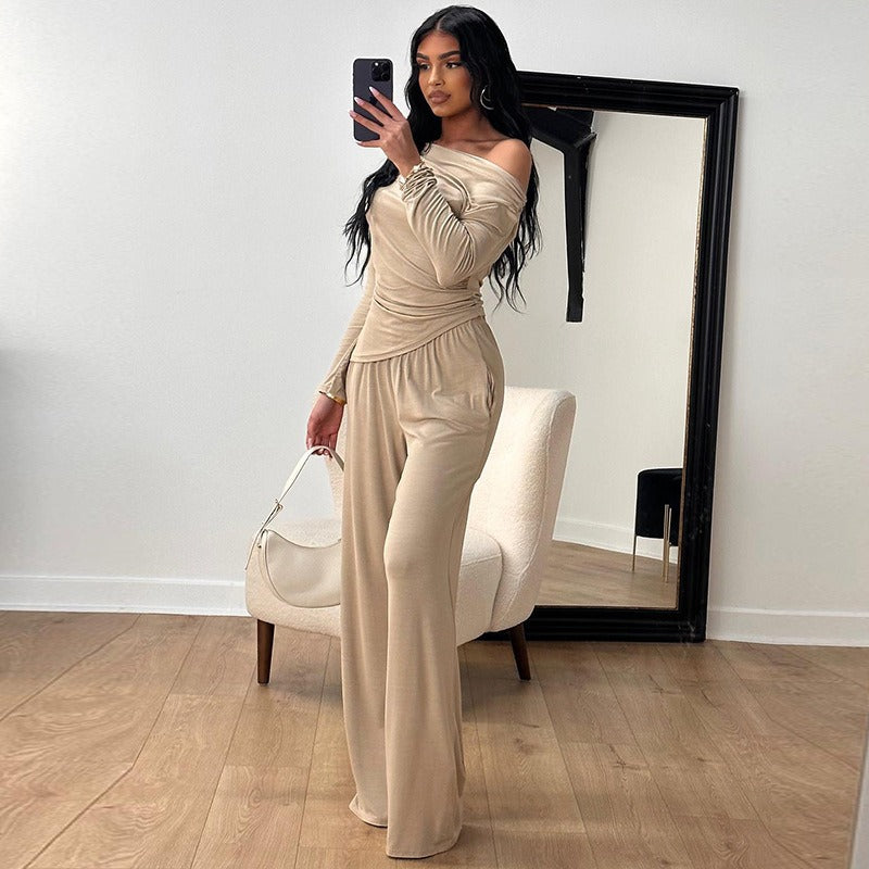 Damen elegantes Zweiteiliges Set aus fließendem Material mit asymmetrischem Design EB
