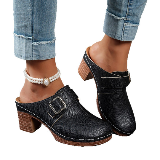 Damen Clogs mit modischem Schnallen-Design und komfortablem blockiertem Absatz EB