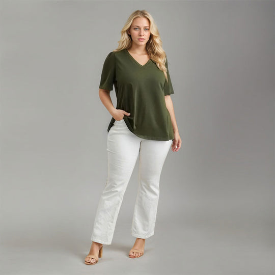 Damen Lässiges V-Ausschnitt T-Shirt mit Seitentaschen und weichem Material EB