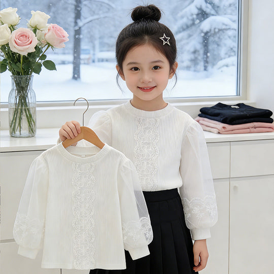 Mädchen elegante Bluse mit transparenten Puffärmeln und zarter Blumenstickerei EB