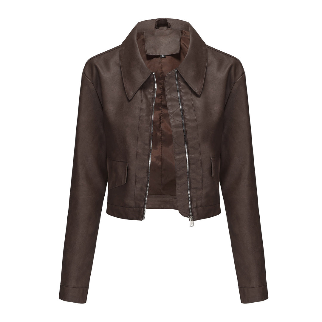 Damen modische cropped Kunstlederjacke mit klassischem Wellenkragen EB