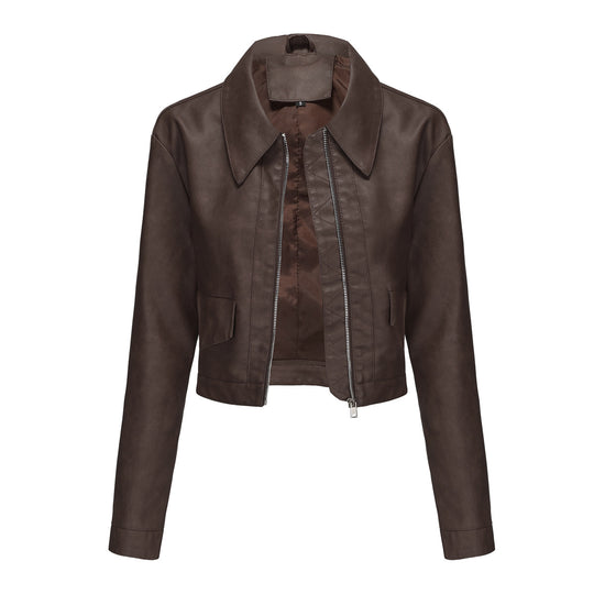 Damen modische cropped Kunstlederjacke mit klassischem Wellenkragen EB