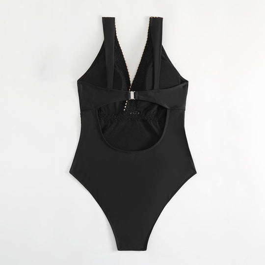 Damen Eleganter Einteiler Badeanzug mit V-Ausschnitt und goldenen Akzenten EB