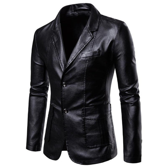 Herren nan schlanker Lederblazer mit Reverskragen und aufgesetzten Taschen EB