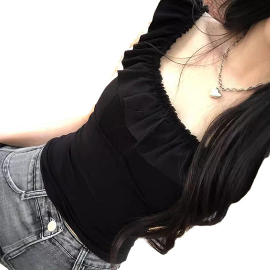 Damen Top mit Rüschen-Ausschnitt und figurbetonendem Schnitt EB