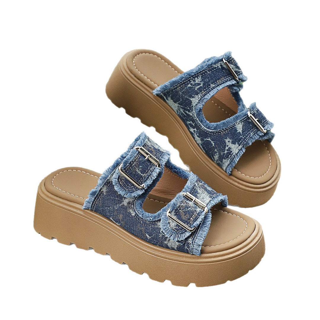 Damen Plateau-Pantoletten mit verstellbaren Riemen und trendiger Denim-Optik EB