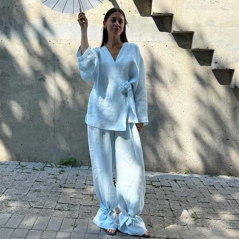 Damen eleganter Leinenanzug mit raffinierten Rüschen EB