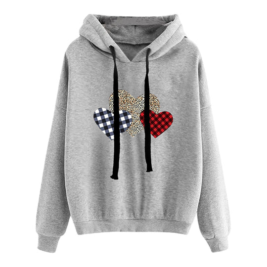 Damen nan lässiger Oversize Kapuzenpullover mit Herz‑und‑Pfotenprint, Kordelzug und gerippten Bündchen EB