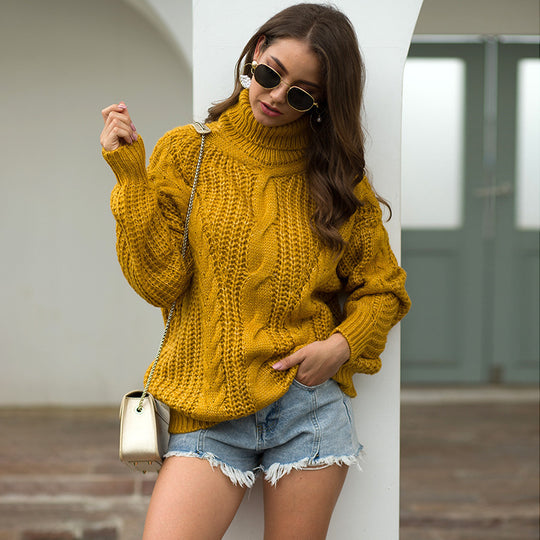 Damen Grobstrickpullover mit hohem Kragen und Zopfmuster EB
