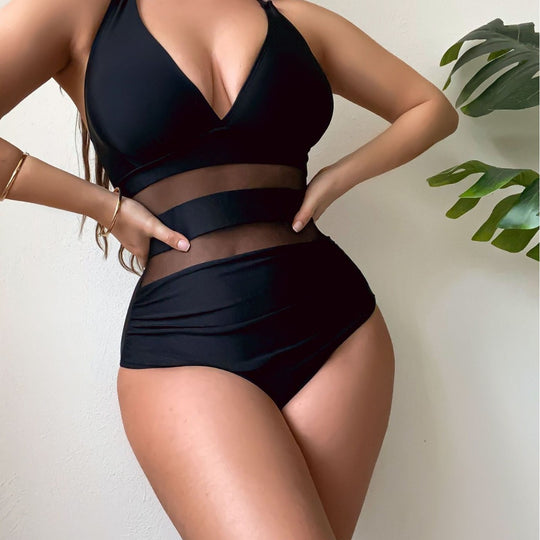 Damen Sportlicher Badeanzug mit transparenter Taille EB