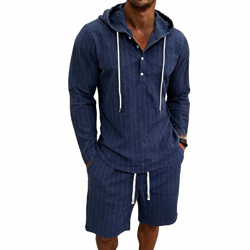 Herren nan gestreiftes Leinenoptik-Kapuzen-Henley-Set mit Tunnelzug-Shorts EB