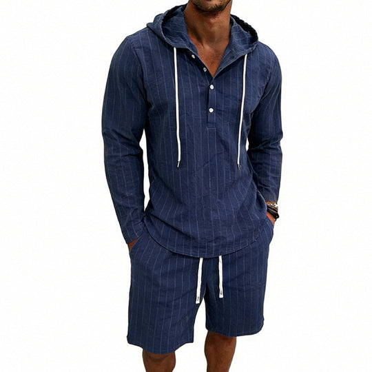 Herren nan gestreiftes Leinenoptik-Kapuzen-Henley-Set mit Tunnelzug-Shorts EB