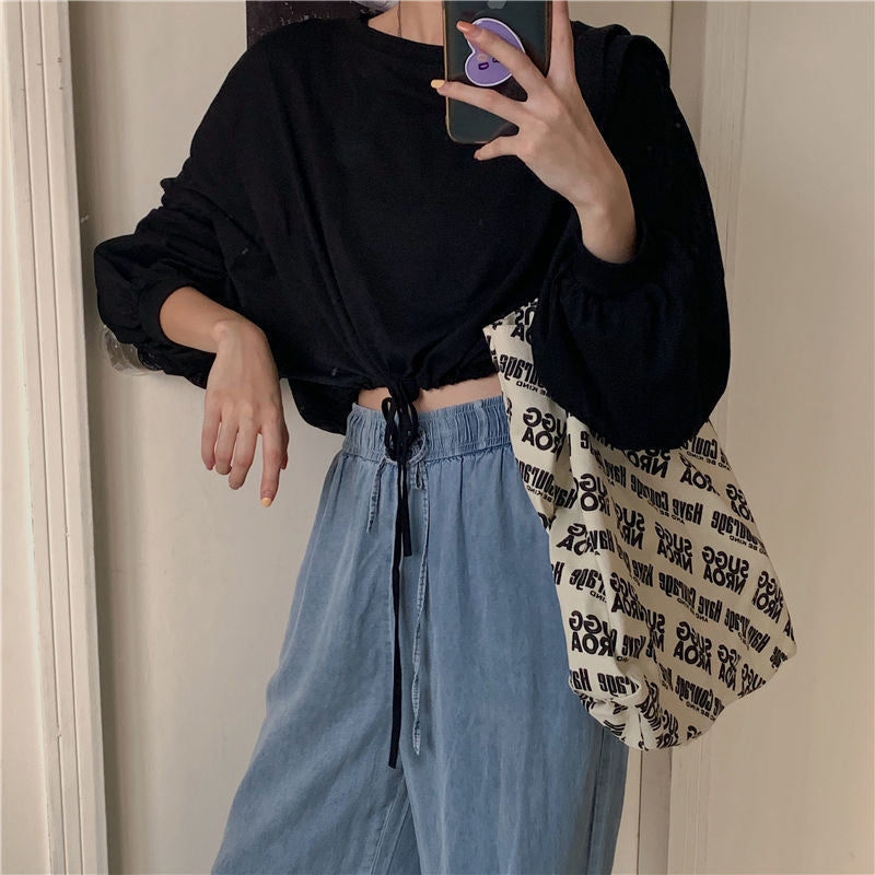 Damen Cropped Sweatshirt mit innovativem Kordelzug und oversized Ärmeln EB