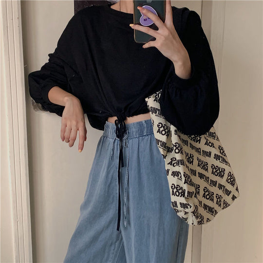 Damen Cropped Sweatshirt mit innovativem Kordelzug und oversized Ärmeln EB
