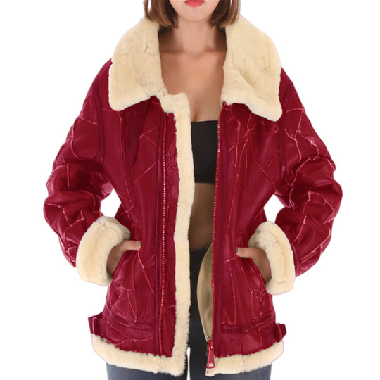 Damen lässige Kunstlederjacke mit warmem Fellkragen EB