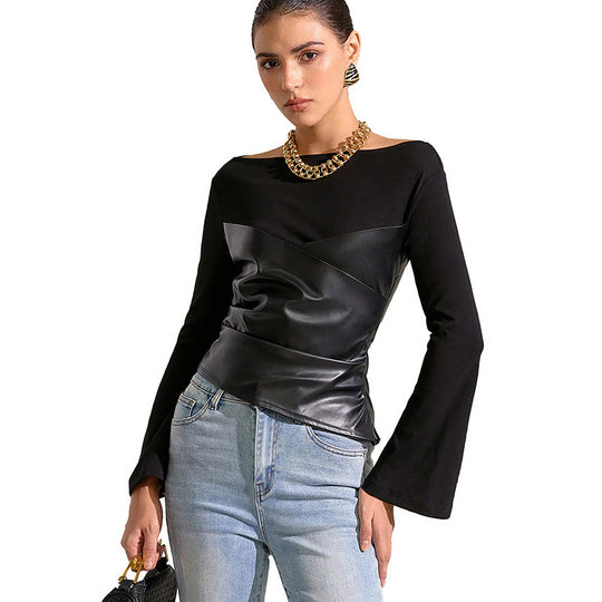 Damen Oberteil mit ausgefallenem Wickeldesign und eleganten Trompetenärmeln EB