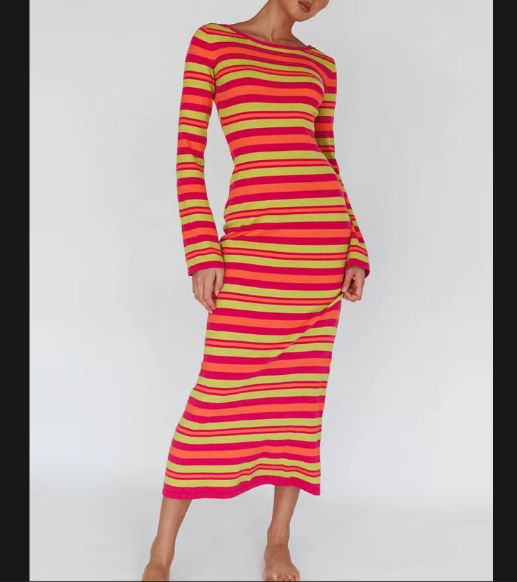 Damen Langarm-Kleid im modischen Streifenlook EB