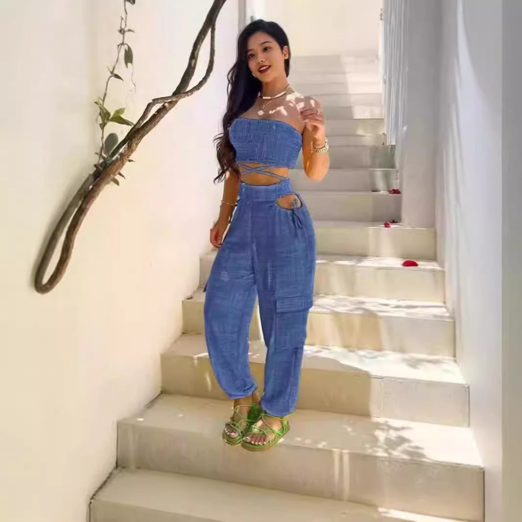 Damen Modischer Zweiteiler bestehend aus Crop Top und Cargo-Hose EB