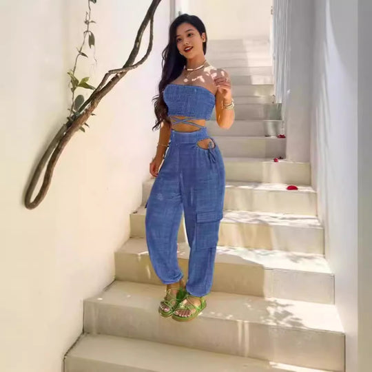 Damen Modischer Zweiteiler bestehend aus Crop Top und Cargo-Hose EB