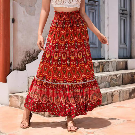 Damen Maxirock mit verspieltem Paisleymuster und Rüschendetails EB