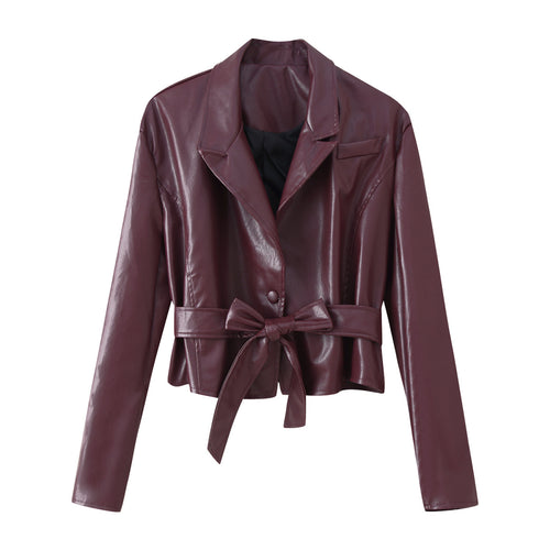 Damen elegante Kunstlederjacke mit tailliertem Schnitt und Bindegürtel EB